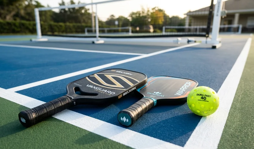 Best foam core pickleball paddles on court with yellow ball and net
