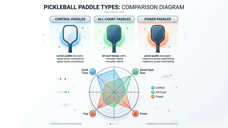 Diagram comparing pure control, balanced all-court, and power pickleball paddle performance metrics