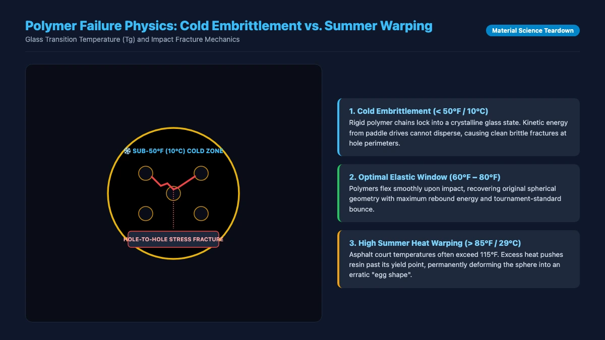 Cold weather pickleball cracking failure physics: Diagram showing hole-to-hole stress fracture and temperature operating zones