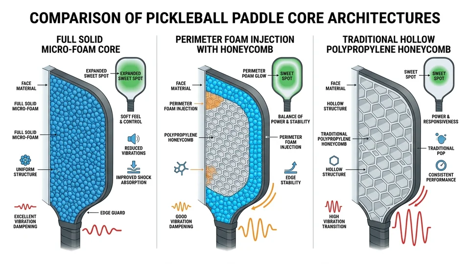 Technical diagram comparing full solid micro-foam, perimeter foam injection, and traditional honeycomb