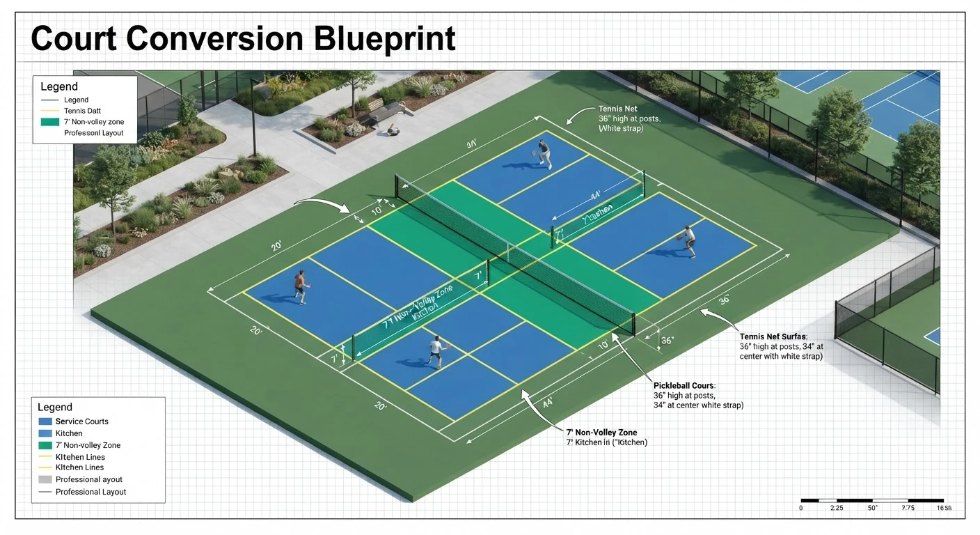 Court conversion blueprint: visual architectural layout for converting 1 tennis court into 2 regulation pickleball courts