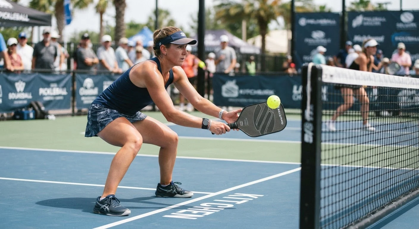 How to play better pickleball: player executing soft reset block at the kitchen line against hard hitters