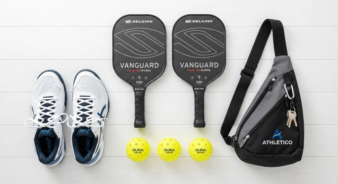 Essential gear for learning how to play pickleball including carbon fiber paddles, outdoor balls, and court shoes