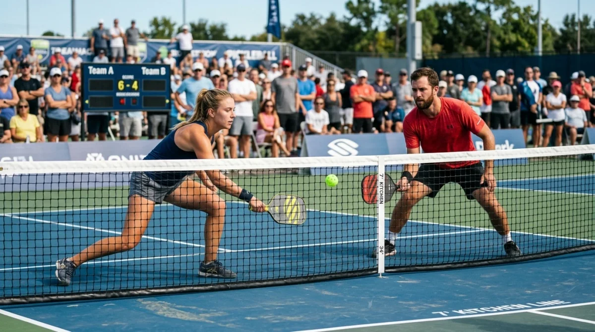 How to play pickleball for beginners demonstrating proper court positioning and rally flow at the kitchen line
