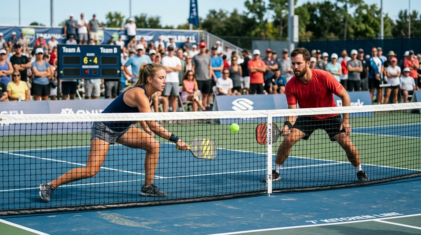 How to play pickleball for beginners demonstrating proper court positioning and rally flow at the kitchen line