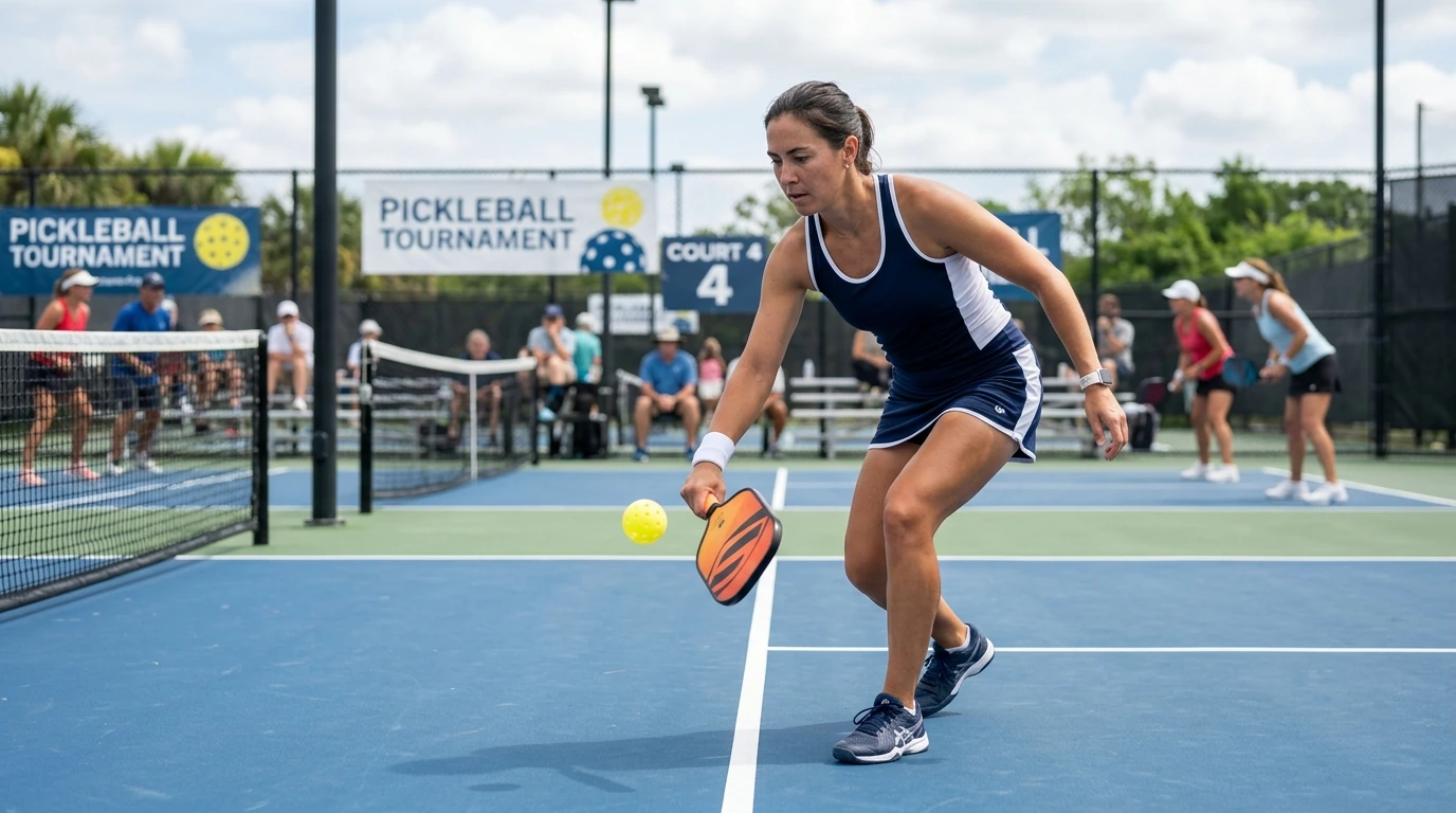 Player executing a legal underhand pickleball serve behind the baseline with paddle contact below the navel