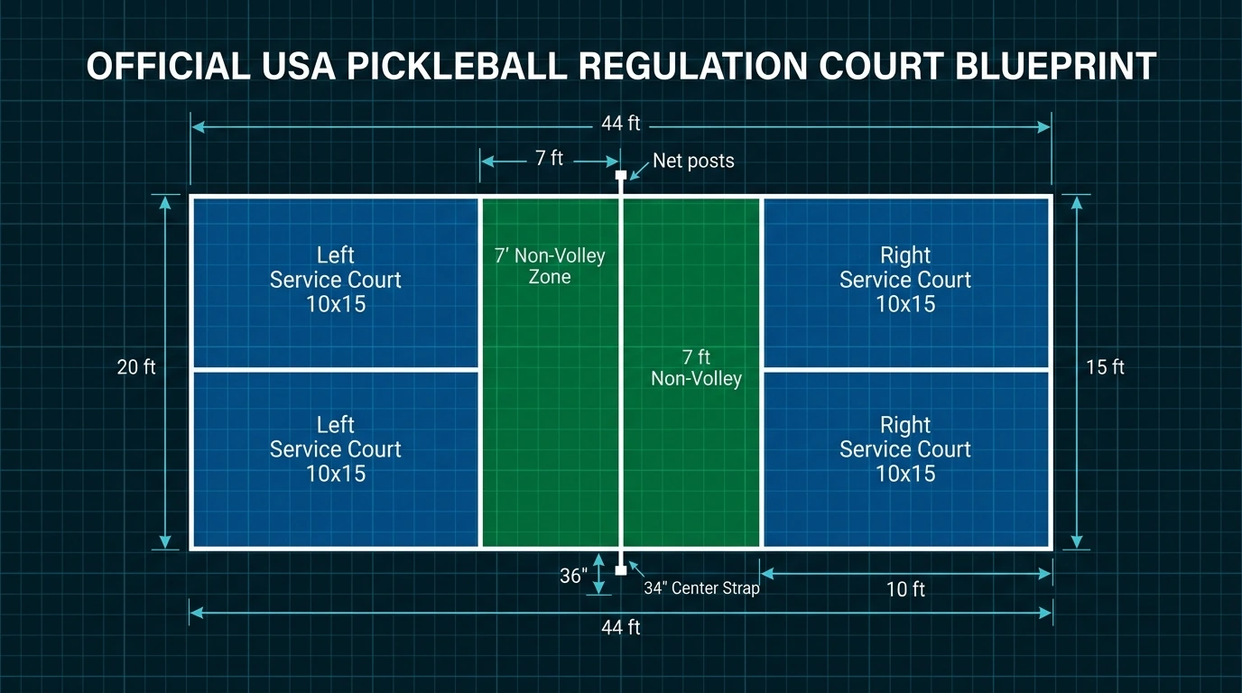 Official regulation pickleball court schematic blueprint with detailed measurements, baseline, and centerline markings