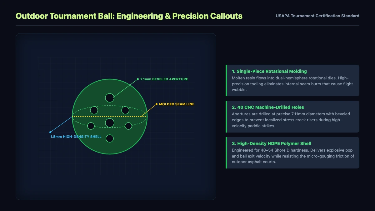 Outdoor pickleball exploded technical diagram showing rotational molding seam, 40 drilled beveled hole edges, and high-density HDPE shell cross section