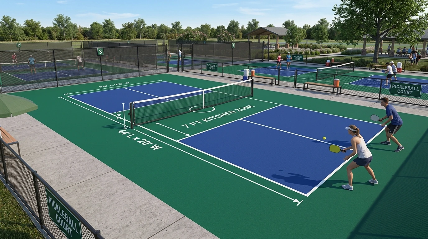 Official pickleball court dimensions 20x44 feet with 7-foot kitchen non-volley zone and 34-inch center net