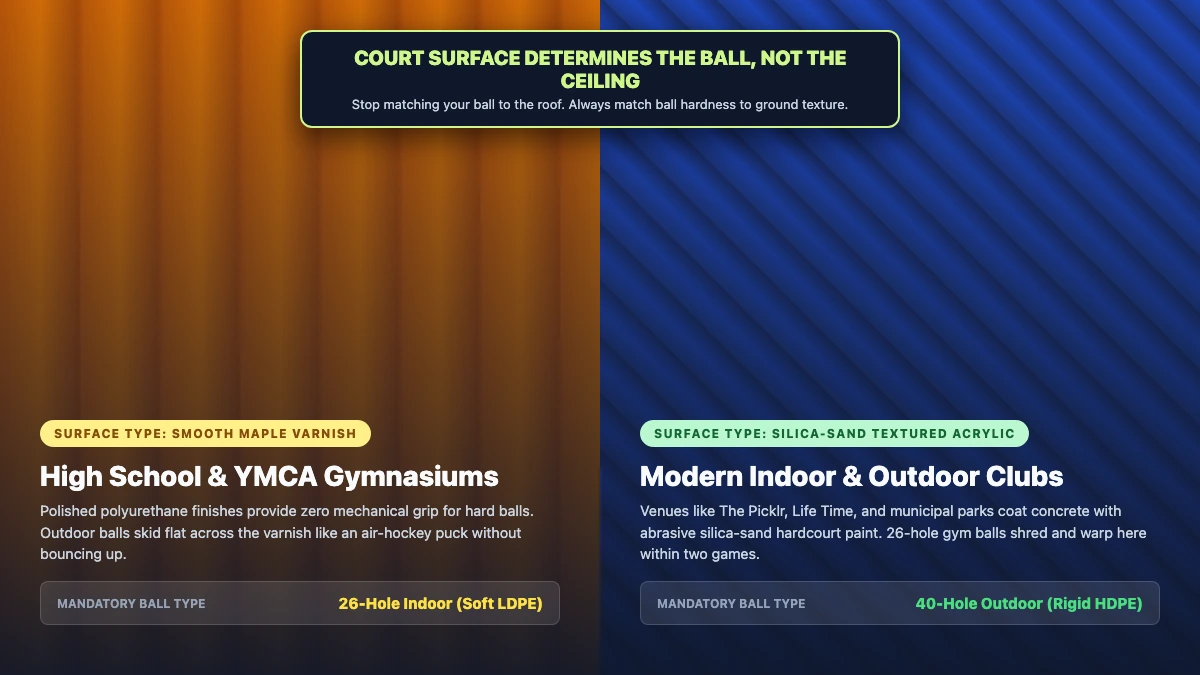 Pickleball court surface comparison showing polished maple gymnasium floor vs indoor silica-sand textured acrylic hardcourt