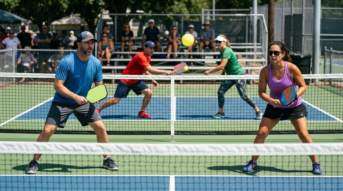 Pickleball rules explained: four adult players in an active doubles match near the kitchen line