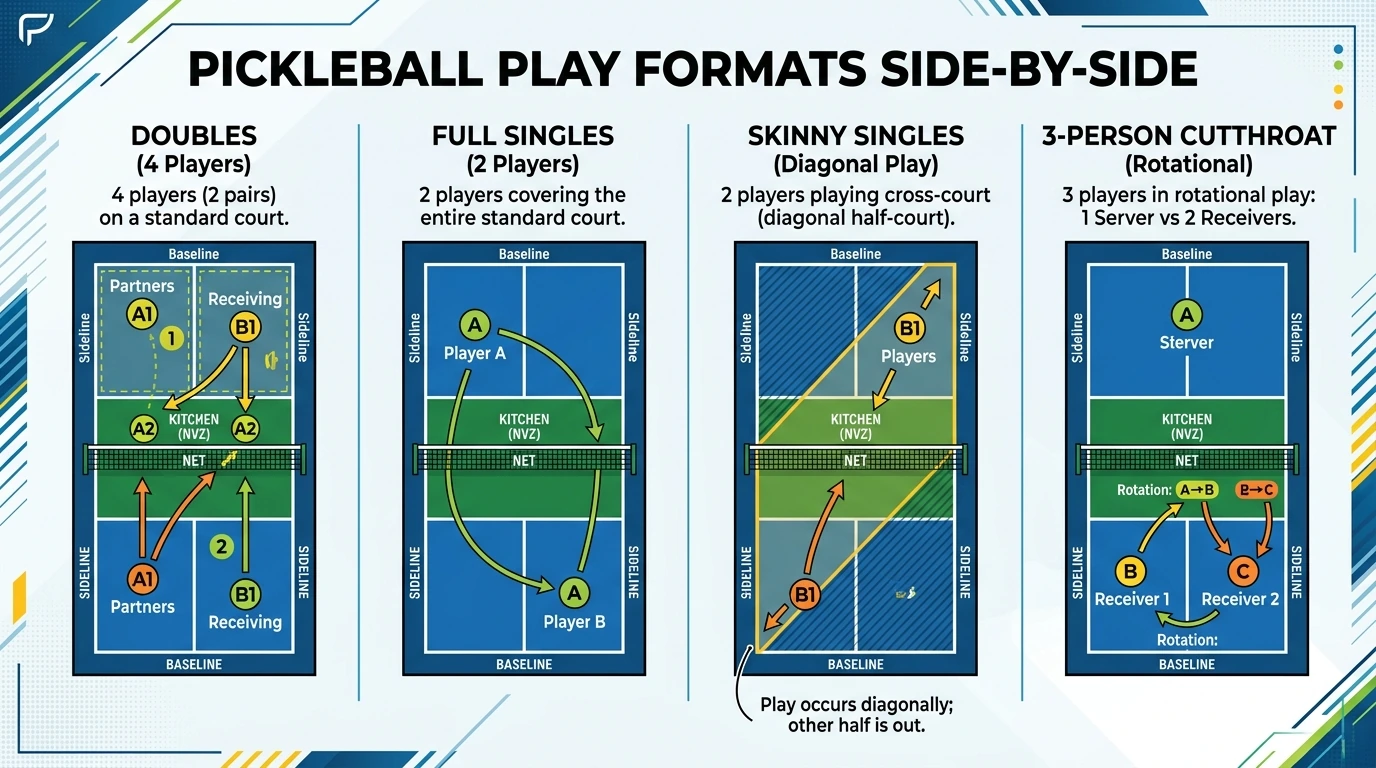 Tactical breakdown diagram comparing pickleball doubles, full singles, skinny singles, and 3-person cutthroat play
