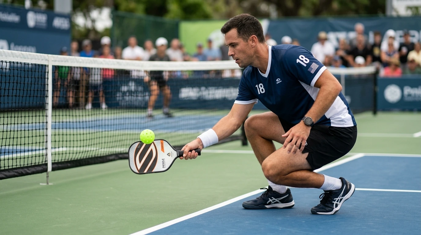 Pickleball kitchen rules explained: player executing controlled dink shot behind the non-volley zone line