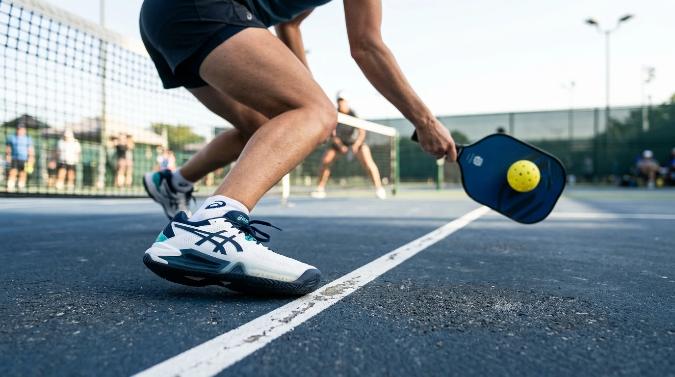Close-up of athletic court shoe planted safely behind the white non-volley kitchen line during a dink shot