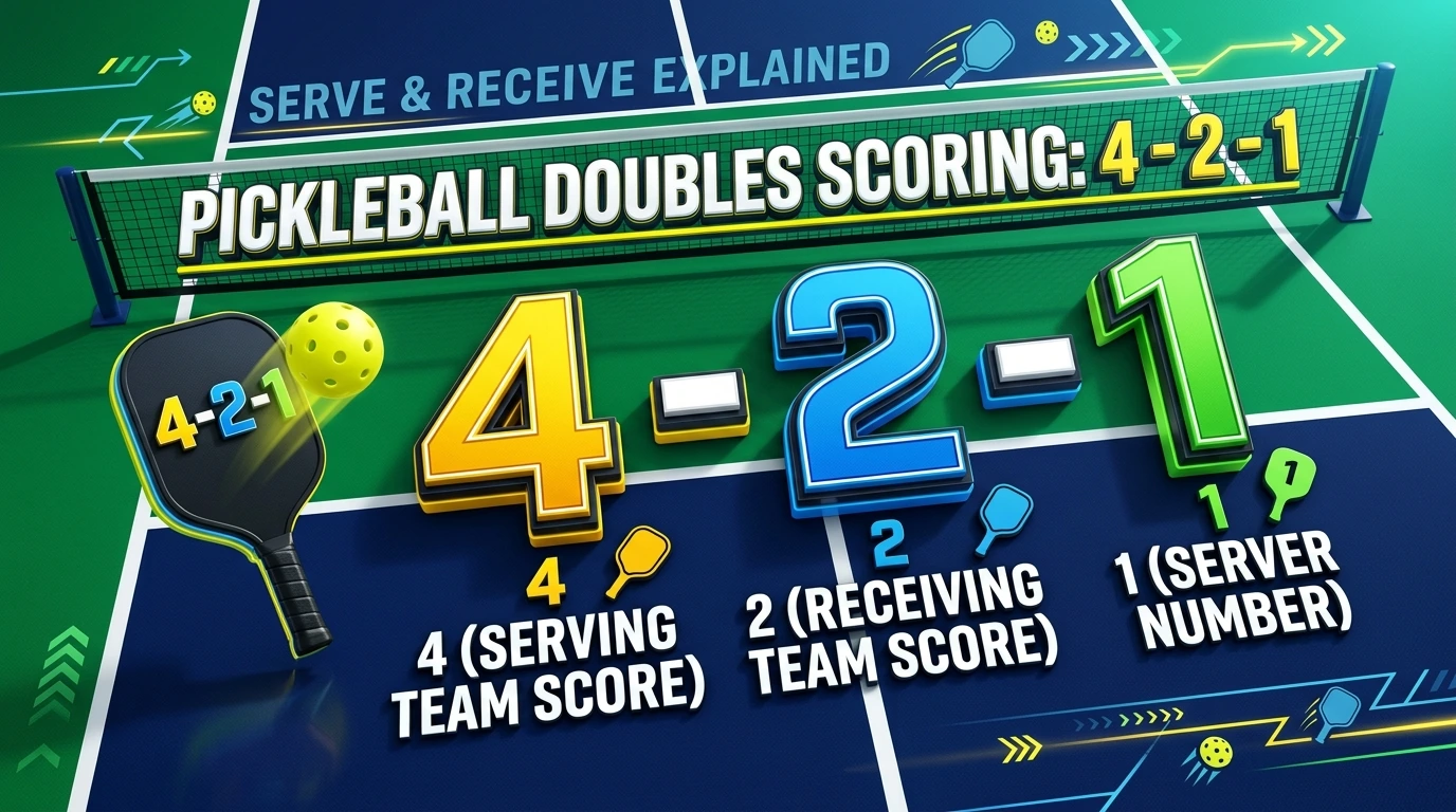 Visual infographic explaining doubles pickleball scoring call sequence: serving score, receiving score, server number