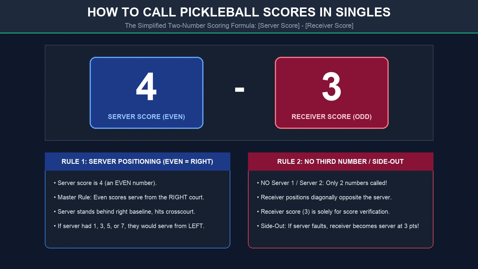 how to play singles in pickleball two number scoring formula callout infographic