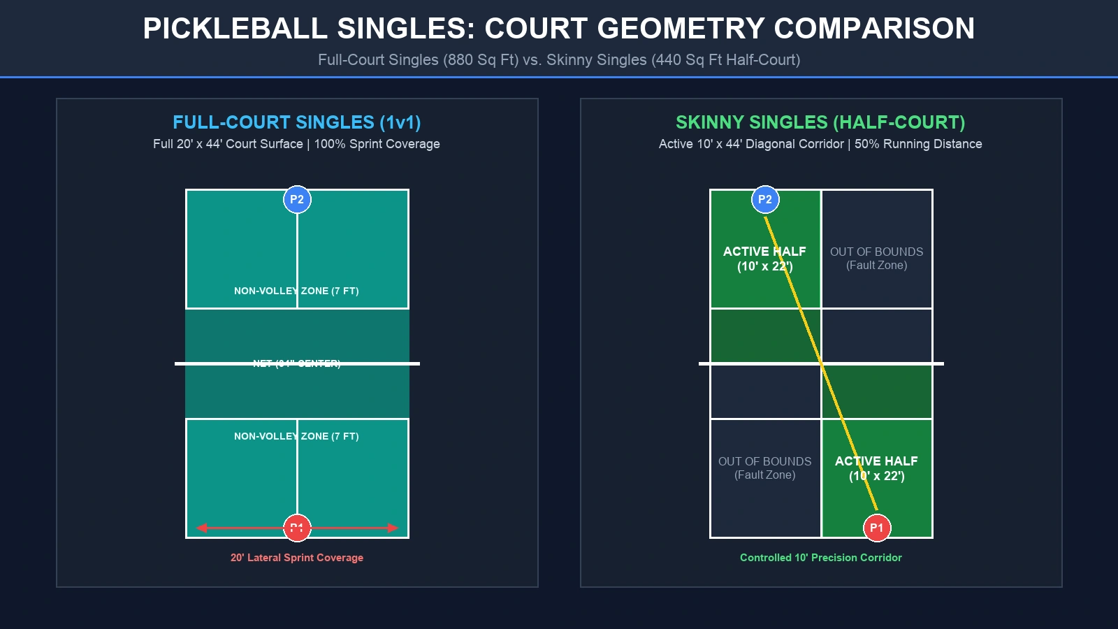 how to play pickleball singles vs skinny singles court geometry comparison diagram