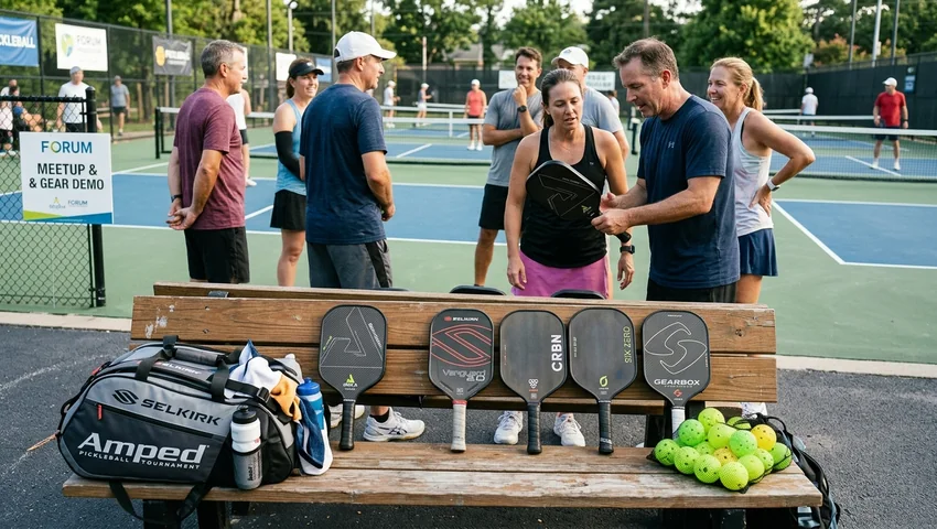 Pickleball players testing control and all-court paddles courtside during community gear meetup