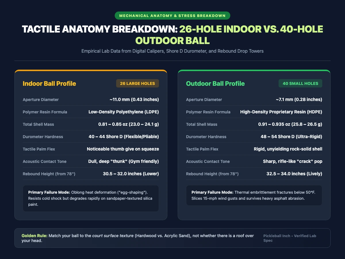 Tactile Anatomy Breakdown: 26-hole indoor vs 40-hole outdoor ball infographic comparing hole diameter, polymer formula, mass, and durometer