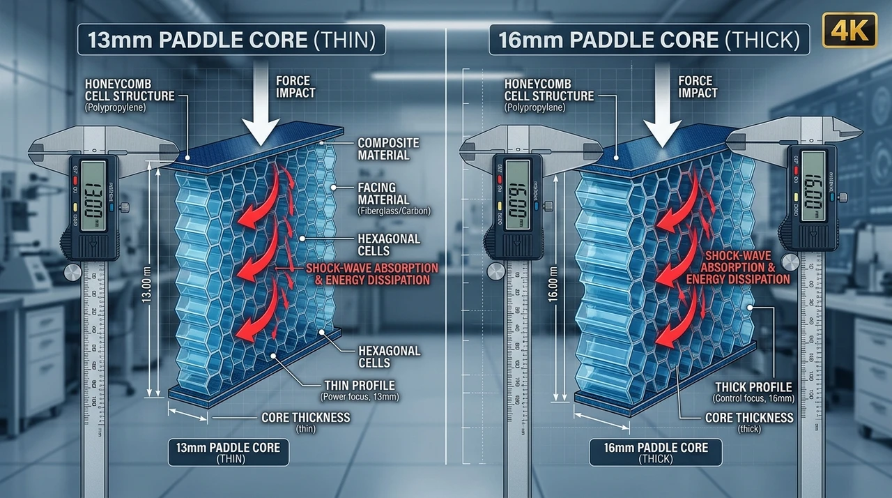 Engineering diagram comparing 13mm thin paddle core vs 16mm thick paddle core with digital calipers and internal shockwave absorption arrows