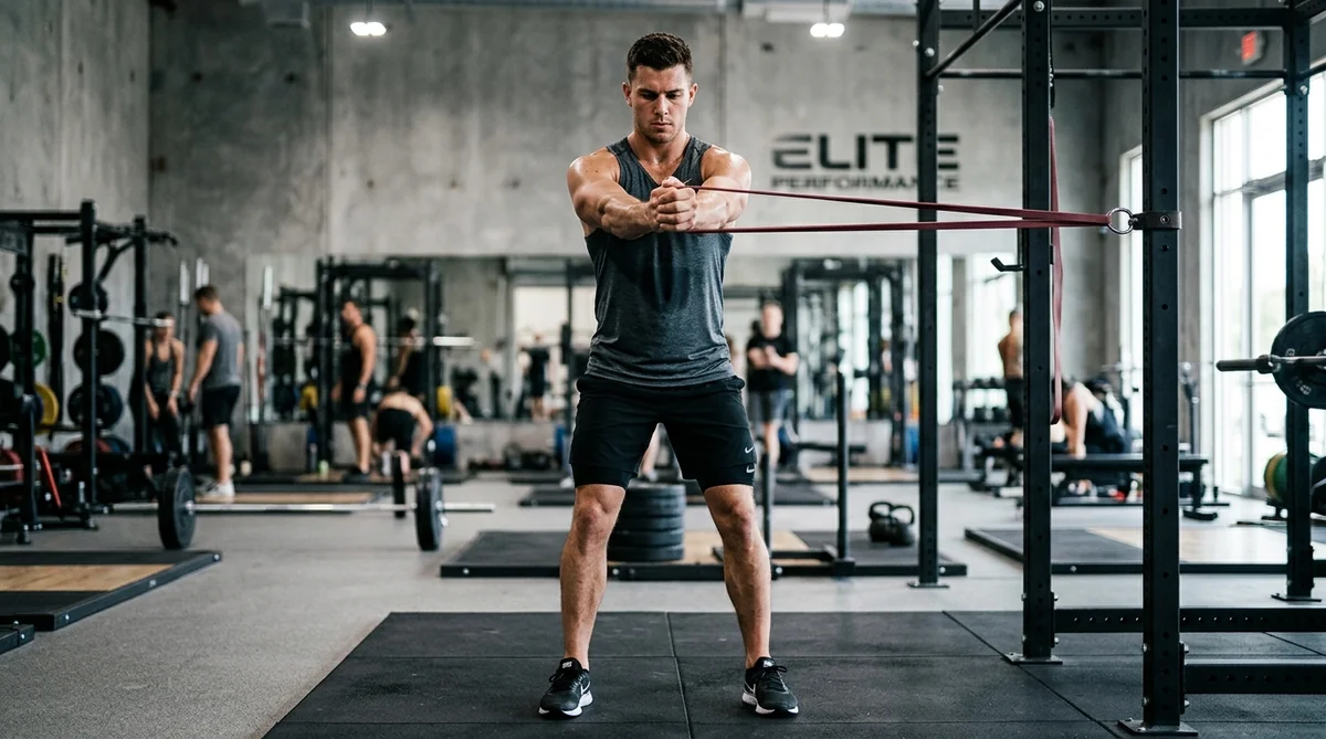 Banded Pallof press exercise for anti-rotational core stability during low kitchen dinks
