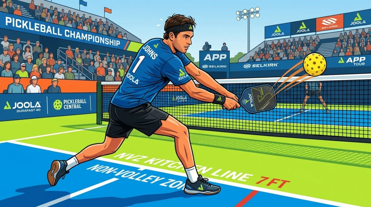 Dynamic vector sports illustration of Ben Johns executing his signature two-handed backhand roll volley at the kitchen line