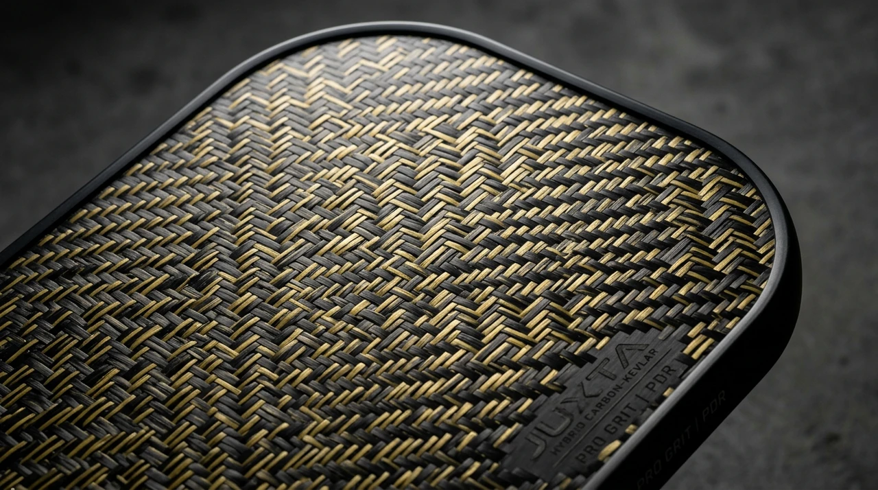 Close up of carbon-Kevlar hybrid woven paddle face featuring black carbon filaments interlaced with gold Kevlar aramid fibers for vibration dampening