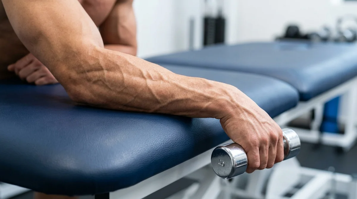 Eccentric wrist extensor dumbbell curls protocol for lateral epicondylitis and pickleball elbow recovery