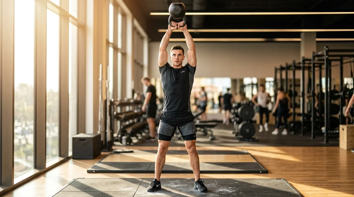 Kettlebell goblet squat to overhead press thruster connecting the lower-to-upper body kinetic chain