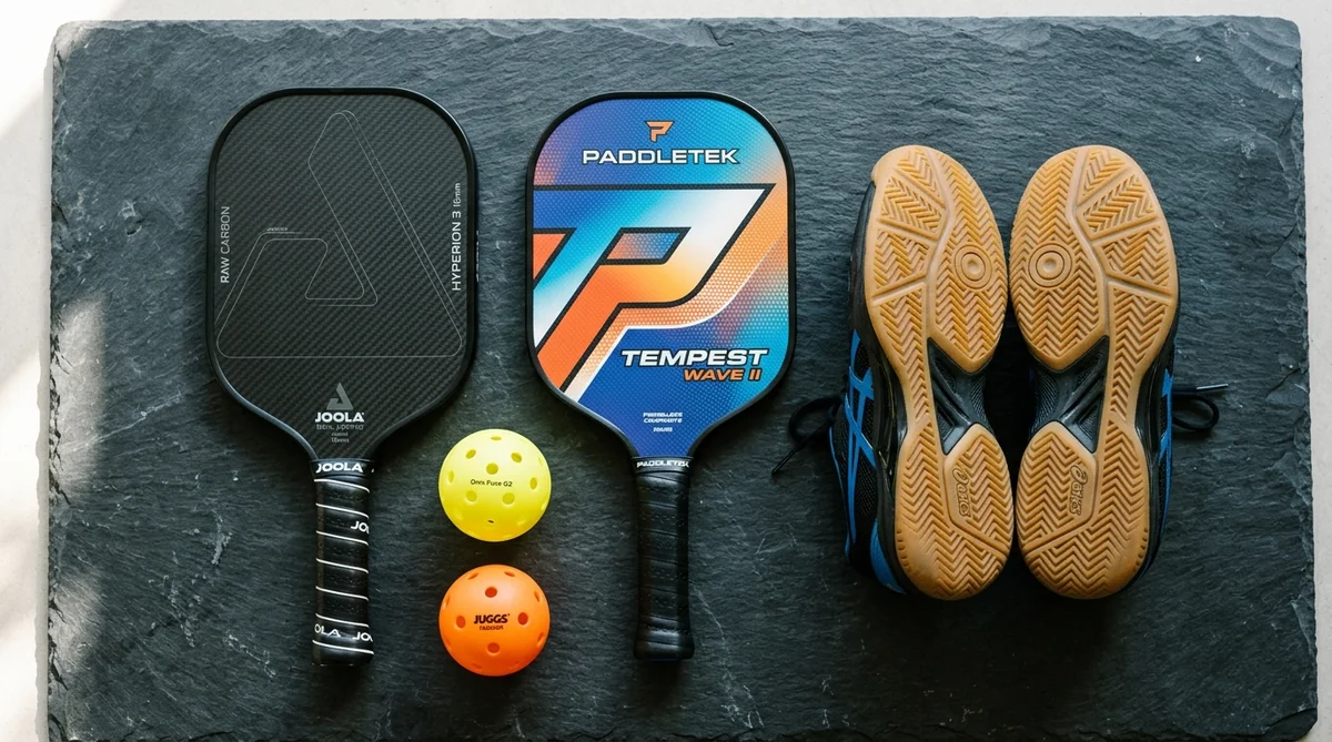 Pickleball paddle selection workbench with calibrated scale, paddles, and gear