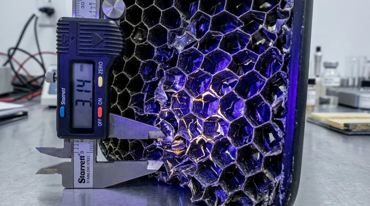 Extreme macro quality control laboratory inspection of crushed honeycomb paddle cell walls under polarized UV light with precision digital caliper