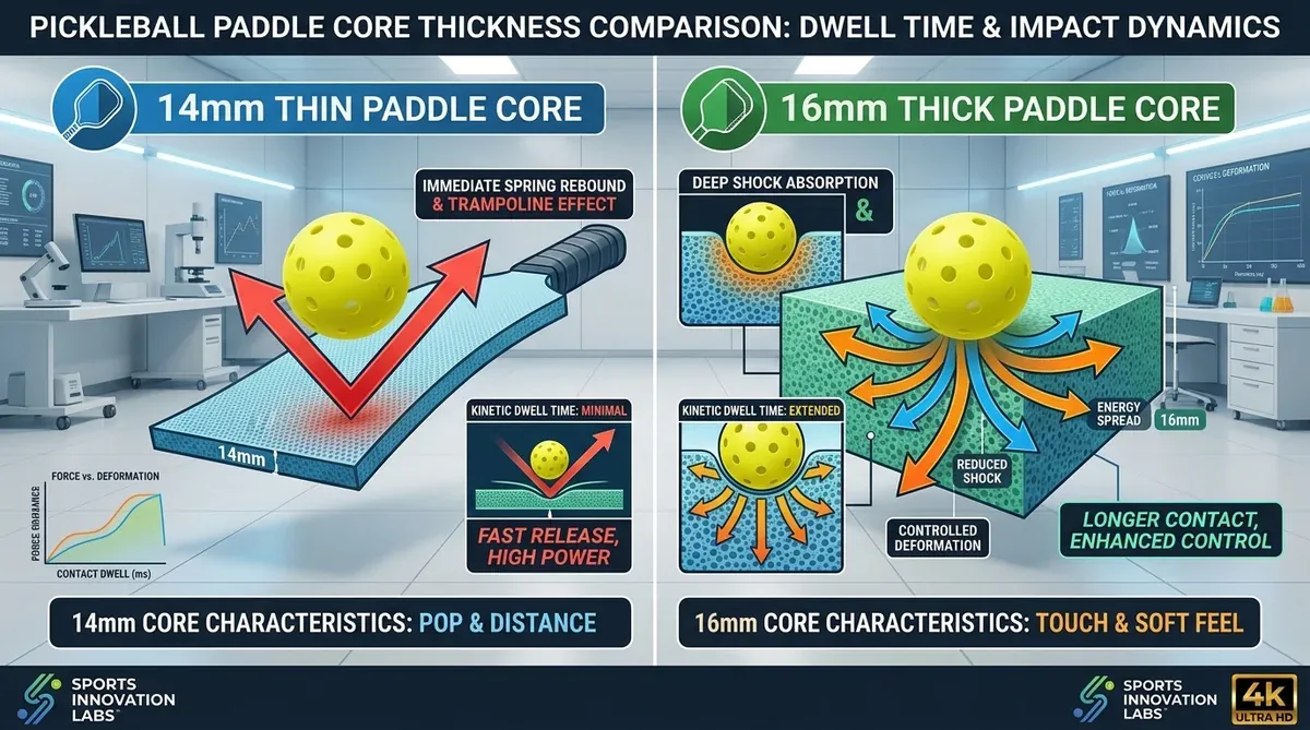 Sports science infographic comparing pickleball impact dynamics between 14mm thin paddle core rebound pop and 16mm thick core shock absorption dwell time