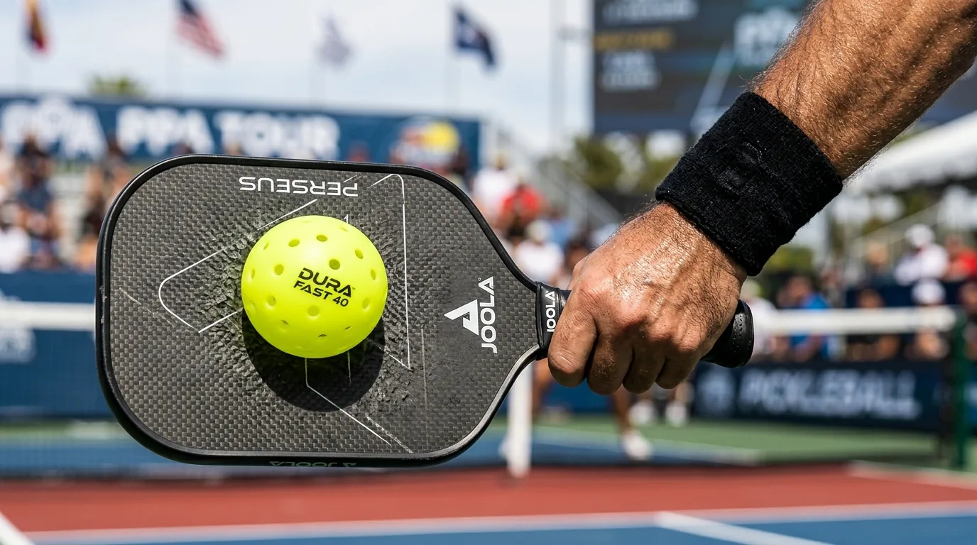 High-speed sports action macro of Dura Fast 40 pickleball compressing against raw carbon fiber paddle face