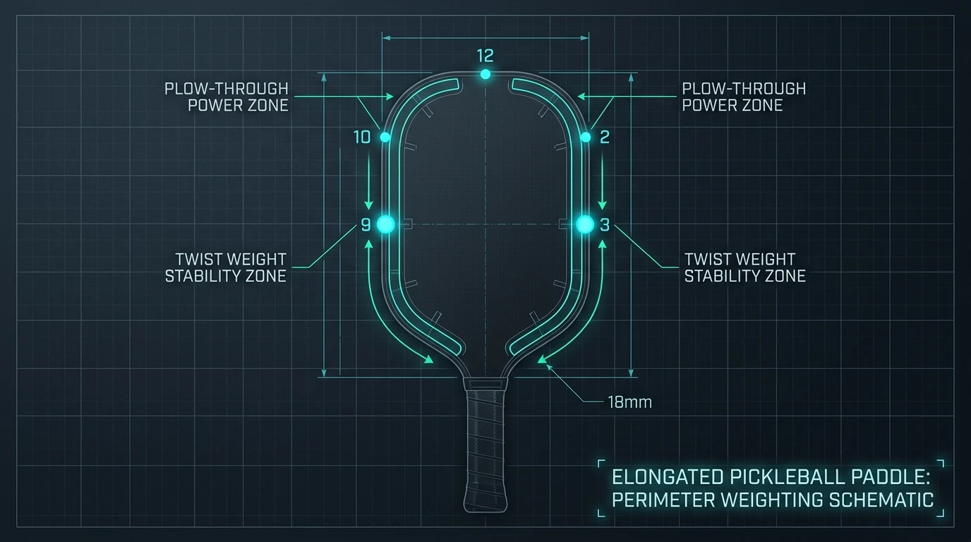 Technical diagram showing perimeter lead tape placement clock zones for twist weight and swing weight optimization