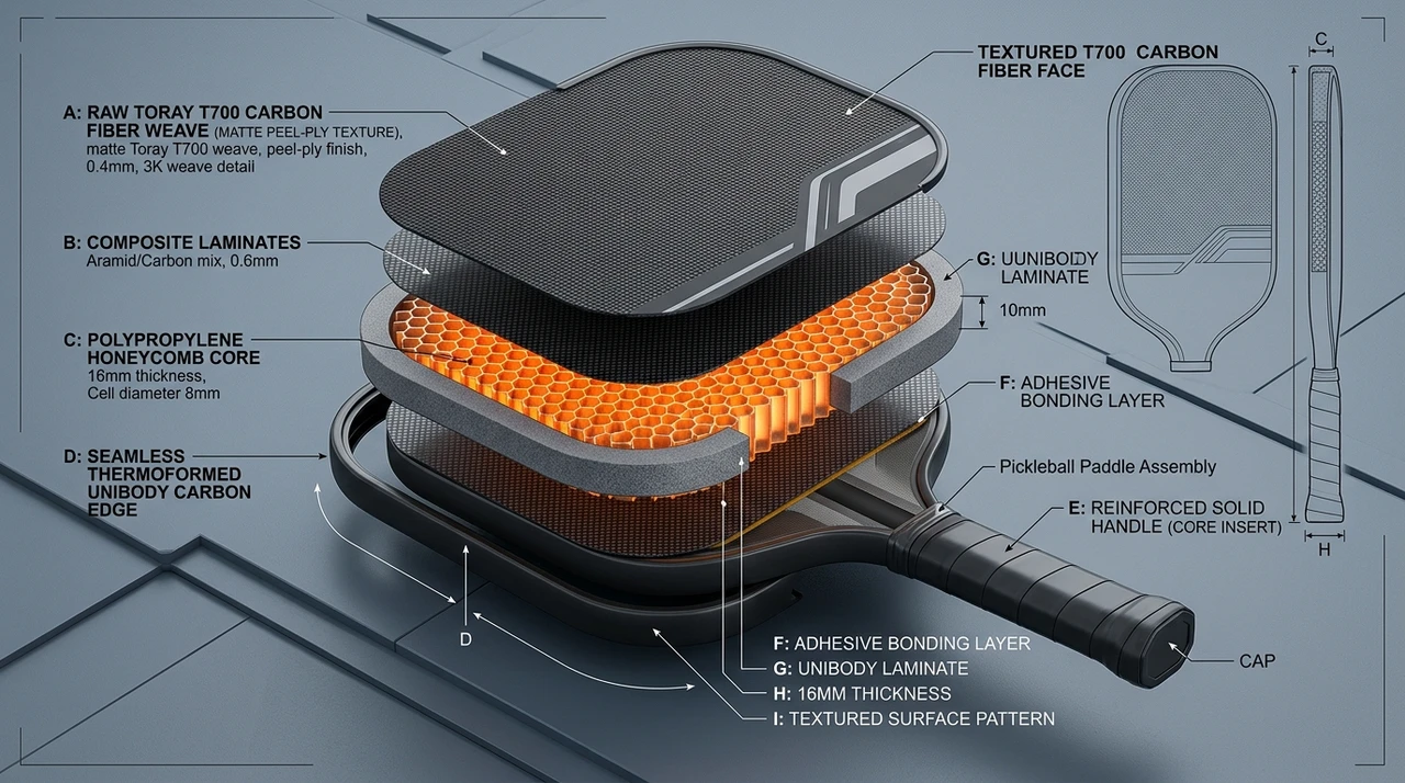 Exploded engineering cutaway of a modern pickleball paddle showing raw Toray T700 carbon fiber face, polypropylene honeycomb core, injected EVA perimeter foam, and thermoformed carbon unibody edge