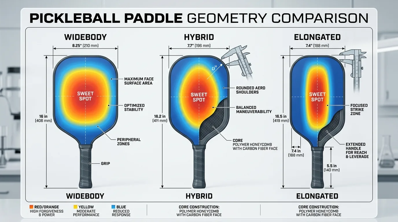 Engineering comparison infographic of widebody, hybrid, and elongated pickleball paddle shapes with sweet spot heatmaps