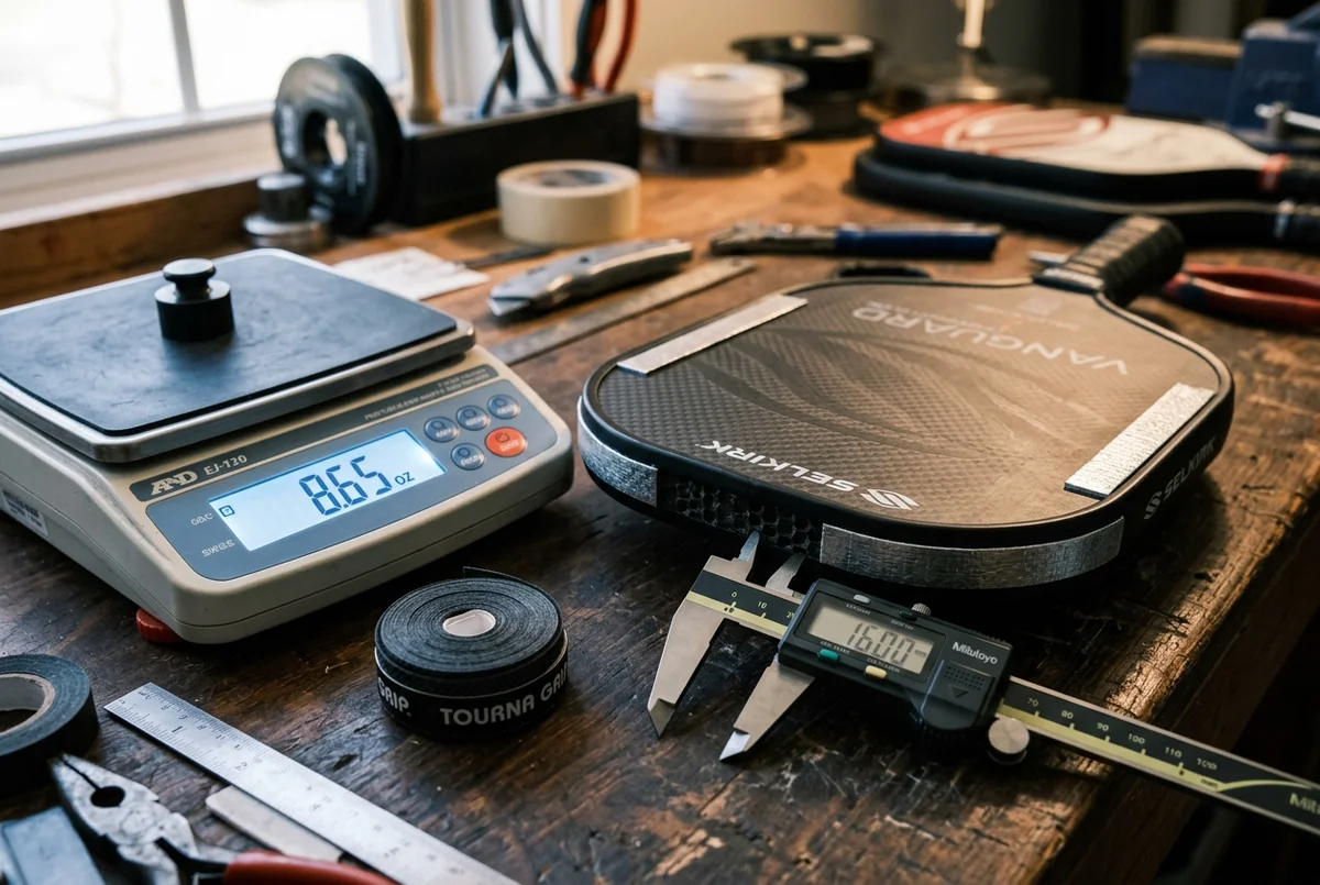 Equipment testing workbench with digital scale, calipers, and swingweight diagnostic tools