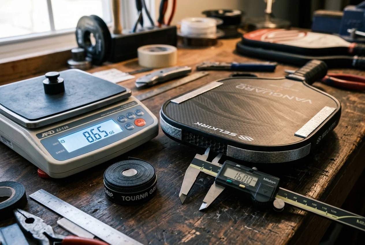 Close-up photography of professional pickleball paddle customization workshop bench with precision scale, calipers, and lead tape strips