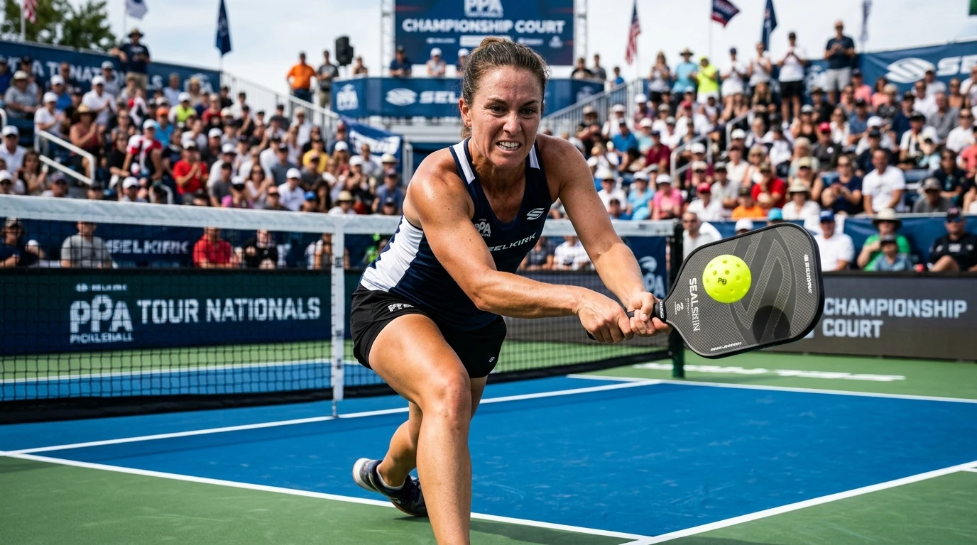 Action shot of professional pickleball player executing a high-speed two-handed backhand roll volley at the kitchen line