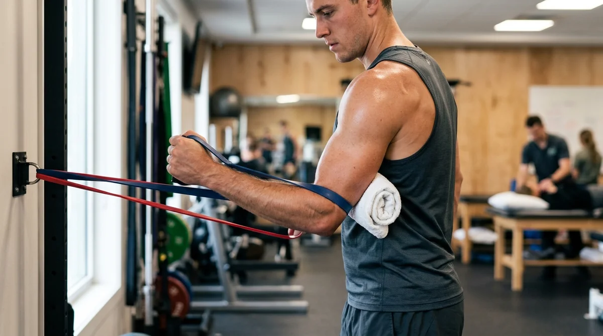 Resistance band rotator cuff external rotation with elbow pinned for shoulder joint protection