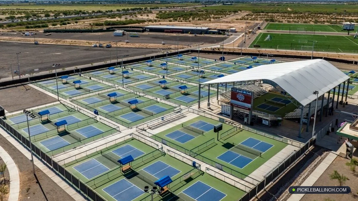 Outdoor tournament pickleball courts at sunset in Scottsdale and Mesa Arizona