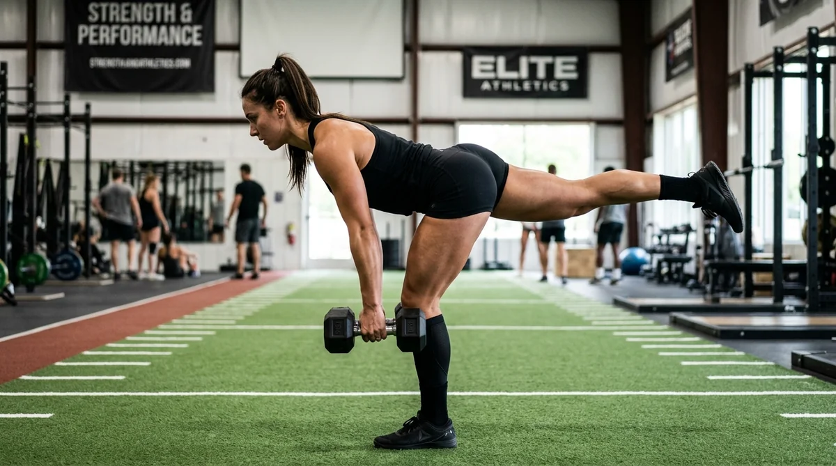 Single-leg dumbbell Romanian deadlift (RDL) showcasing posterior chain stability and ankle balance