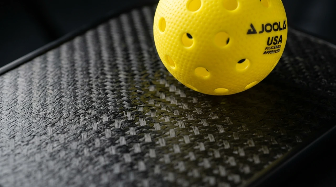 Extreme macro photograph of authentic Toray T700 raw carbon fiber paddle surface texture with exposed peel-ply friction weave holding a yellow pickleball