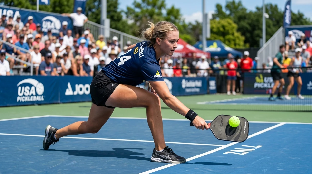 High speed tournament action shot of a pickleball player executing a soft kitchen drop reset with a matte raw carbon fiber paddle