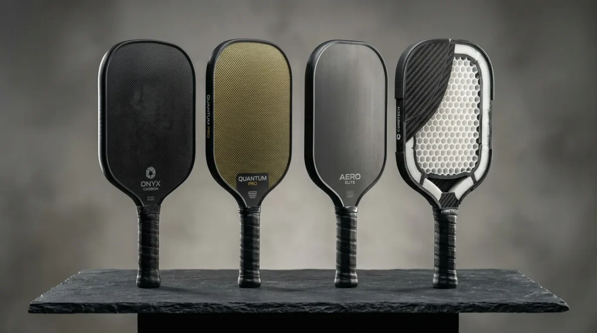 Lineup of four modern pickleball paddles illustrating widebody, hybrid, elongated shapes and foam core construction