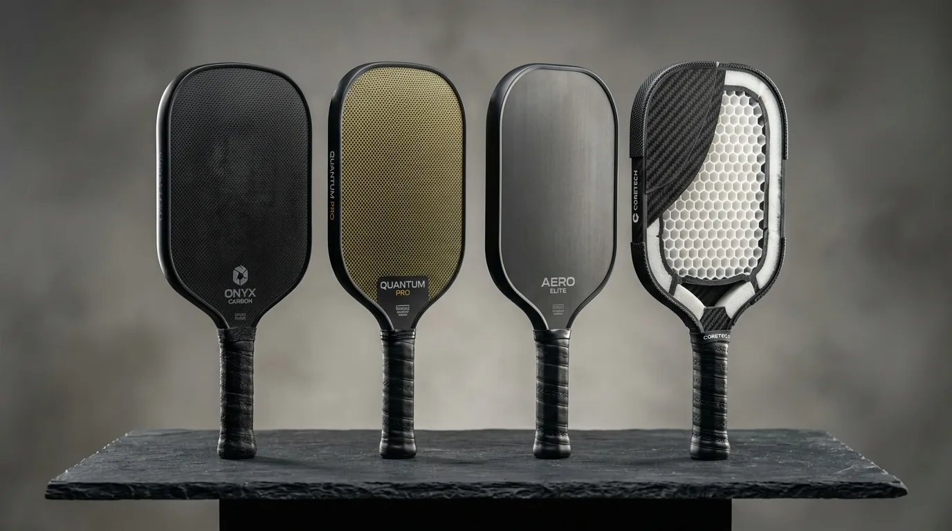Lineup of four modern pickleball paddles illustrating widebody, hybrid, elongated shapes and foam core construction