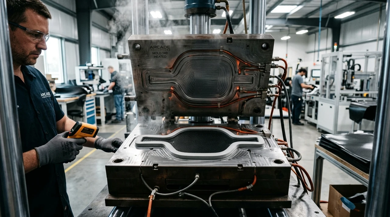 Facility photograph of an industrial heated paddle clamp mold with carbon unibody blank and perimeter EVA foam injection before curing