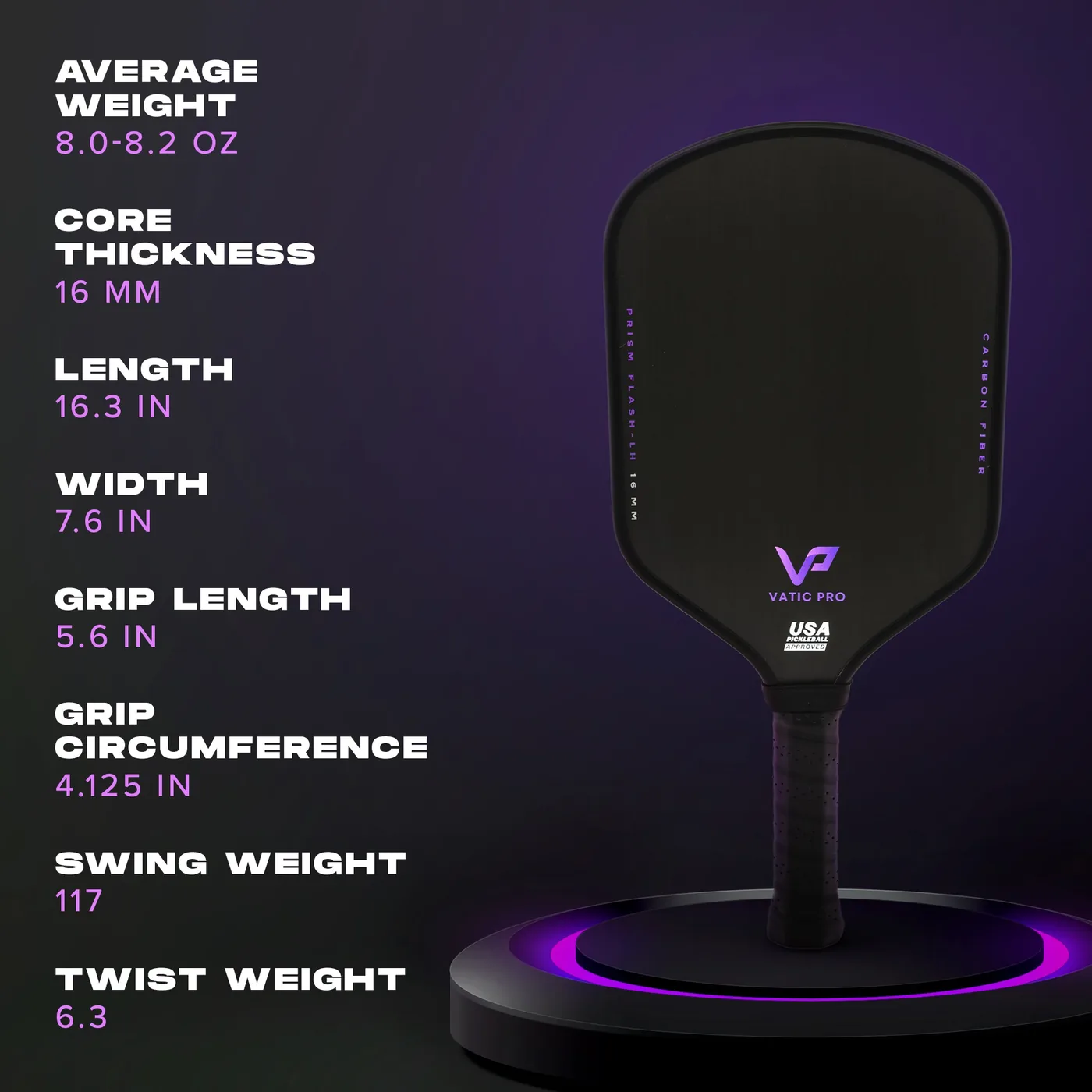 Vatic Pro Prism Flash 16mm raw carbon fiber control pickleball paddle