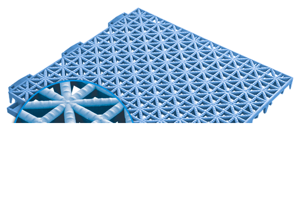 Close-up engineering view of perforated modular pickleball court tile grid