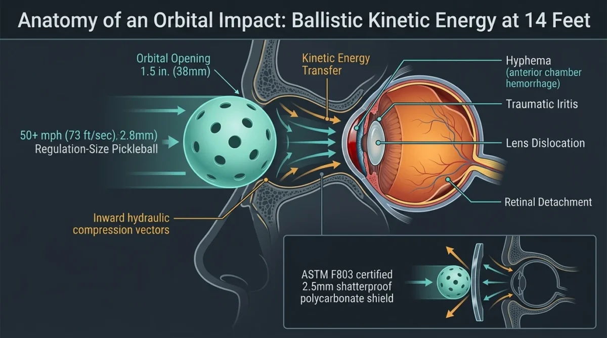 Medical sports science diagram comparing 2.87-inch pickleball impact on 1.5-inch orbital socket causing ocular trauma vs ASTM F803 shield protection